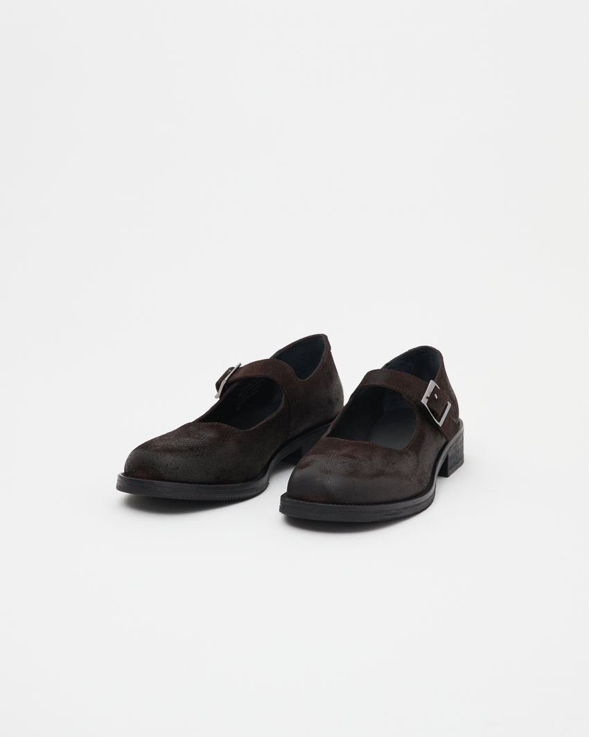 Pair of Mary Jane Waxed Suede Deep Brown shoes, angled front view
