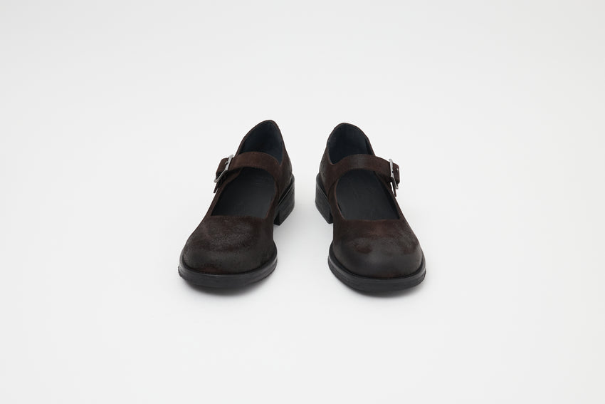 Pair of Mary Jane Waxed Suede Deep Brown shoes, side profile view