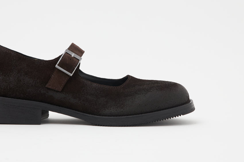 Side profile view of a single Mary Jane Waxed Suede Deep Brown shoe showing buckle strap