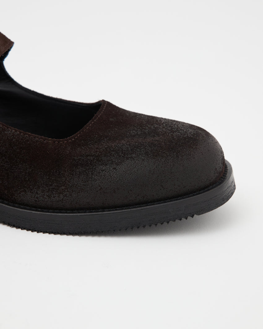 Close-up angled front view of a single Mary Jane Waxed Suede Deep Brown shoe showing the toe