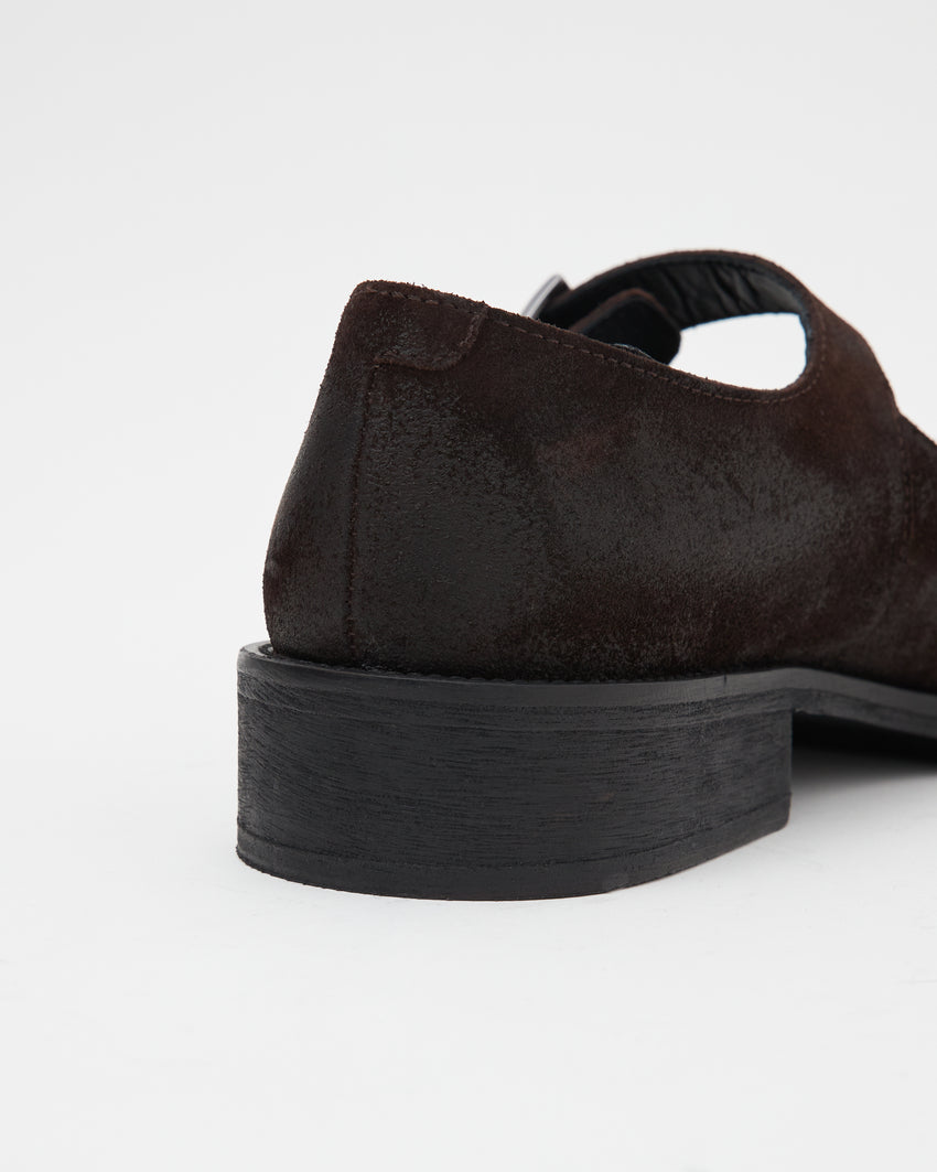Close-up back view of a single Mary Jane Waxed Suede Deep Brown shoe showing heel and buckle strap