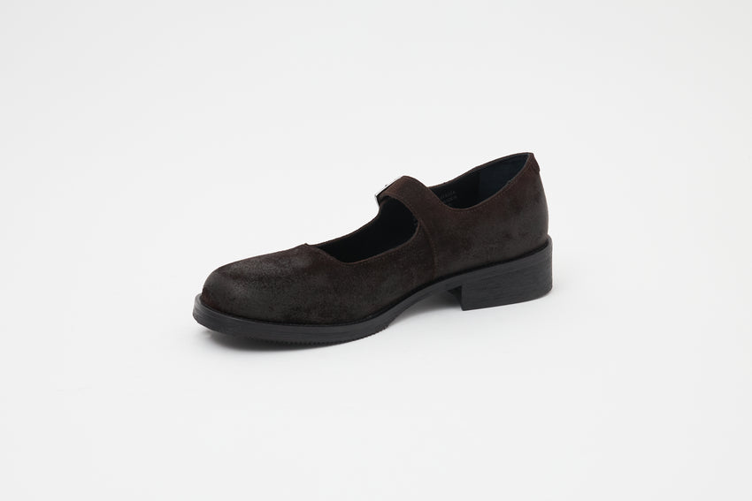 Full side-profile view of a single Mary Jane Waxed Suede Deep Brown shoe