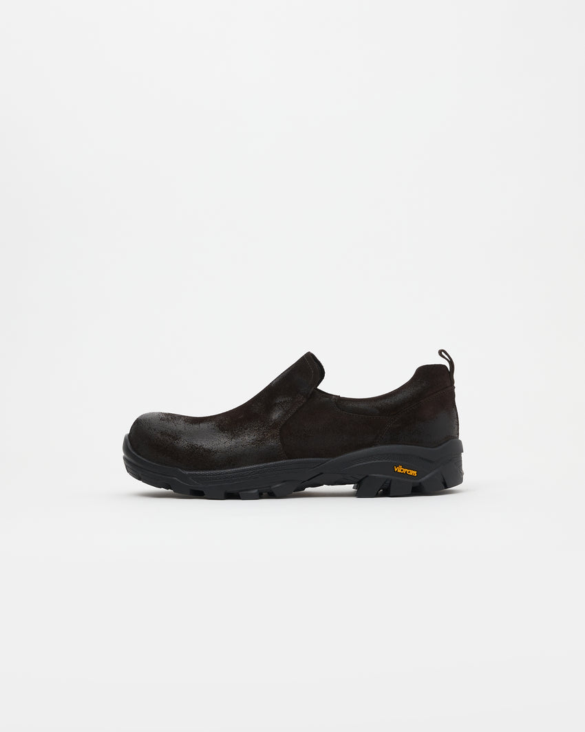 Non-Safety Slip-on Waxed Suede Deep Brown, side profile view of a single shoe