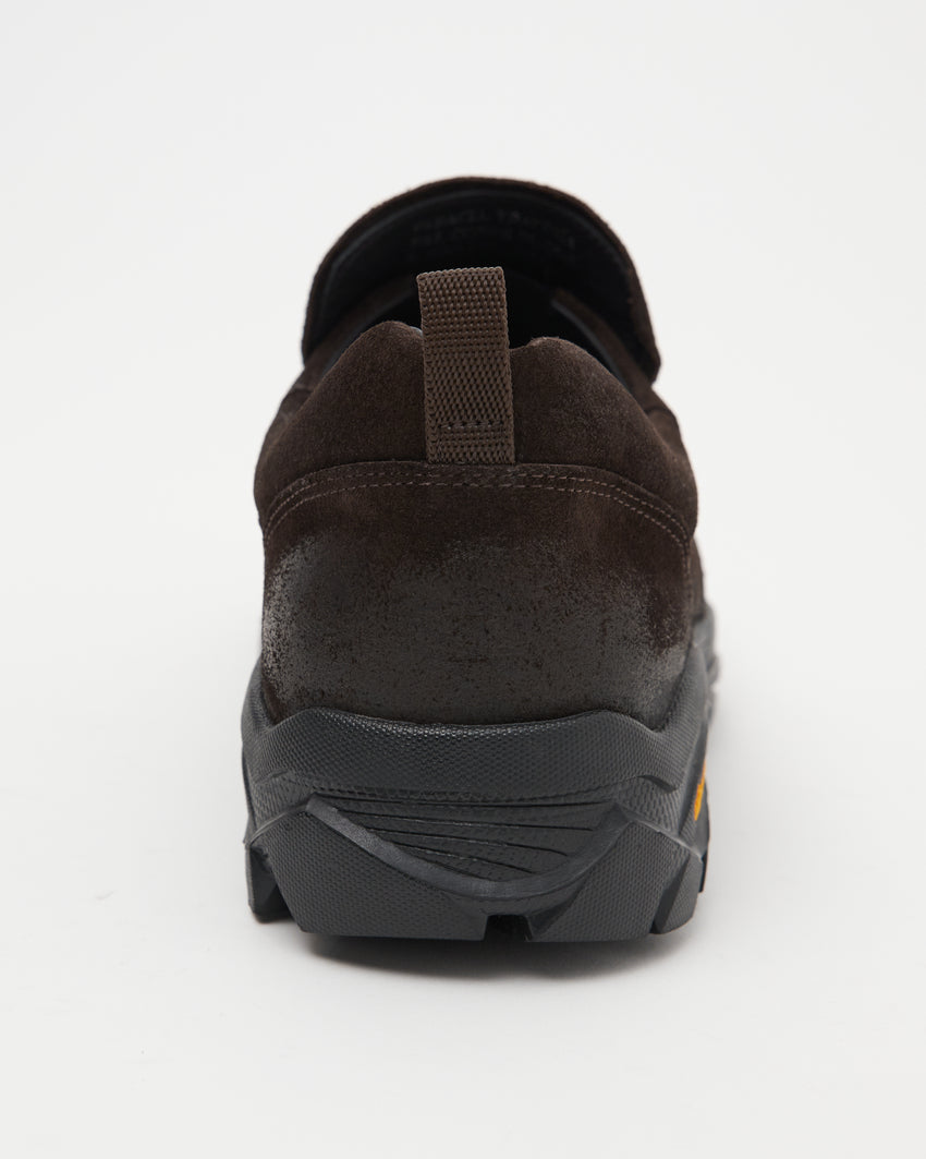 Close-up back view of a single Non-Safety Slip-on Waxed Suede Deep Brown shoe showing heel pull-tab and lugged sole