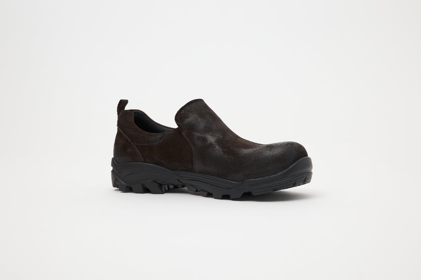 Small side profile view of a pair of Non-Safety Slip-on Waxed Suede Deep Brown shoes