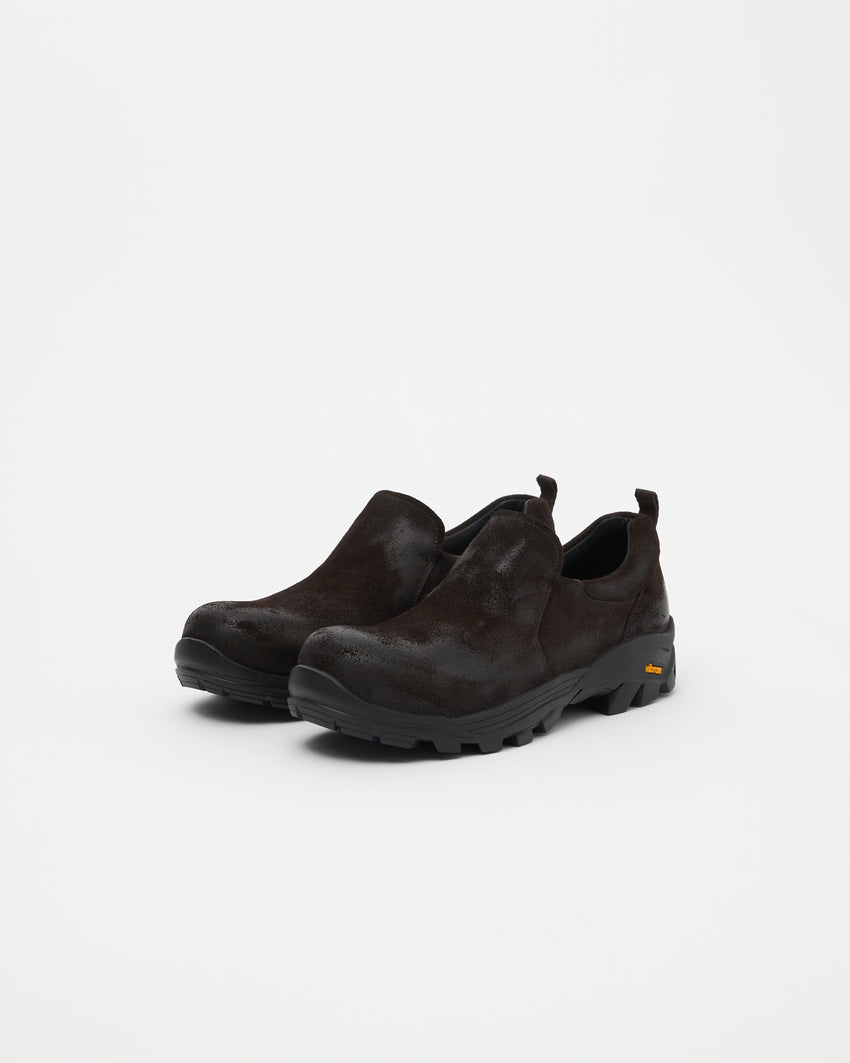 Pair of Non-Safety Slip-on Waxed Suede Deep Brown shoes, angled front view