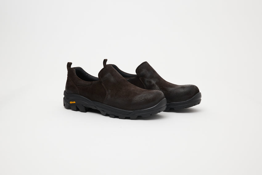 Pair of Non-Safety Slip-on Waxed Suede Deep Brown shoes, side profile view