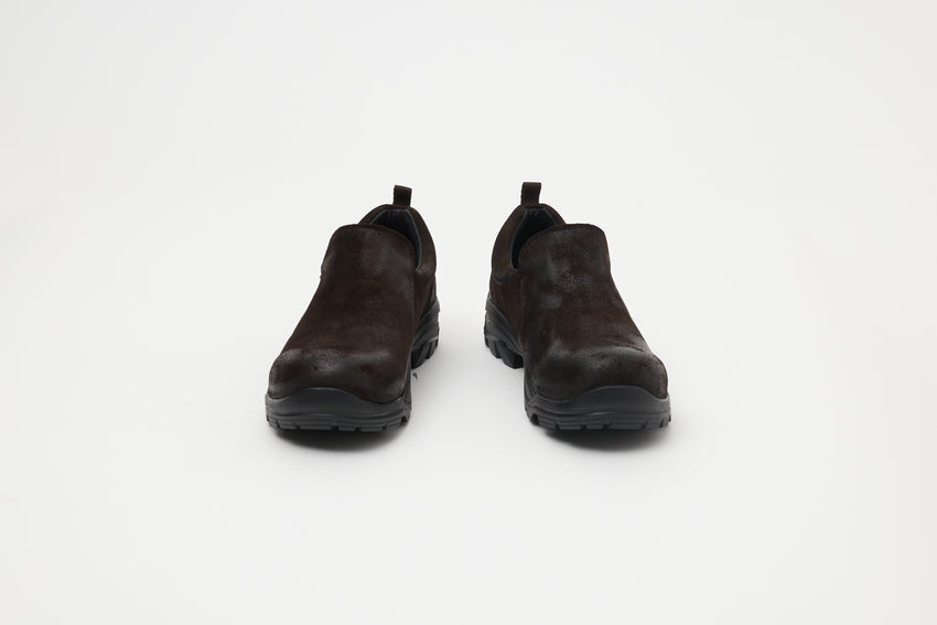 Small back-side view of a pair of Non-Safety Slip-on Waxed Suede Deep Brown shoes