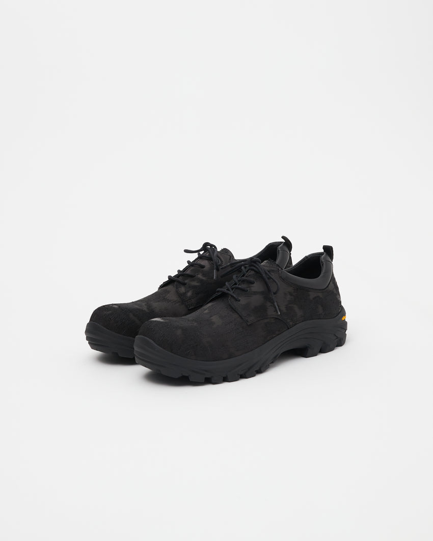 Pair of Non-Safety Shoe Distressed Leather Black shoes, angled front view