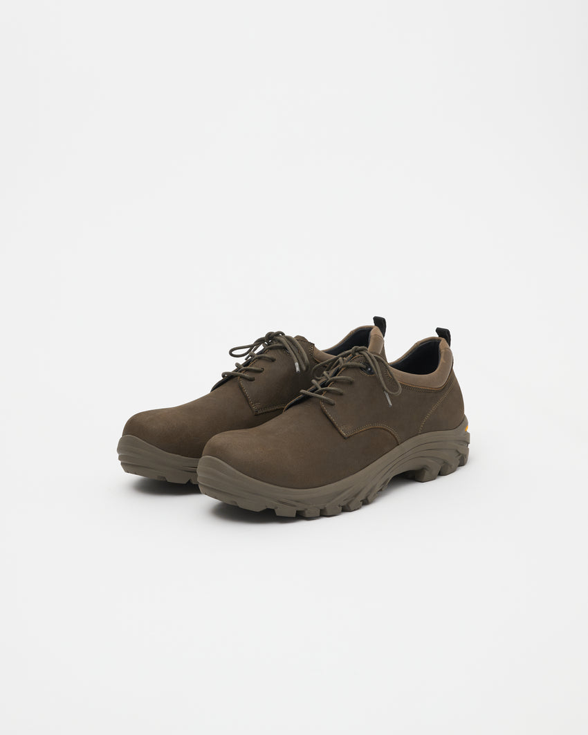 Pair of Non-Safety Shoe Nubuck Brown Stone shoes, angled front view