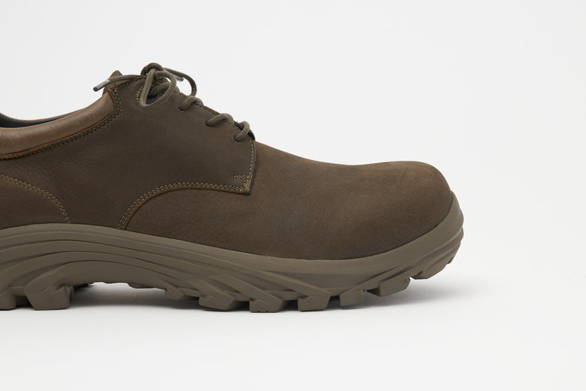 Pair of Non-Safety Shoe Nubuck Brown Stone shoes, side profile view
