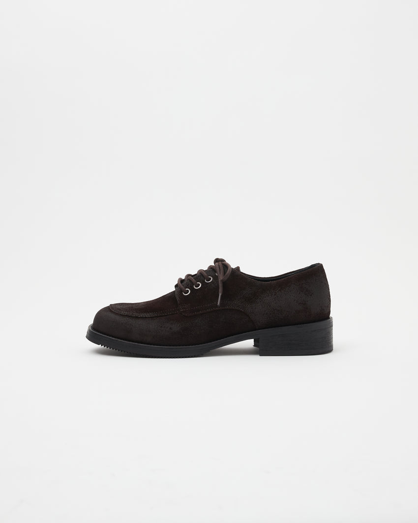 Old Buster Waxed Suede Deep Brown, side profile view of a single derby shoe