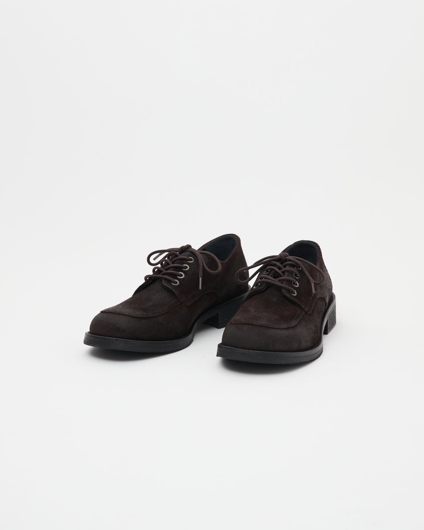 Pair of Old Buster Waxed Suede Deep Brown shoes, angled front view
