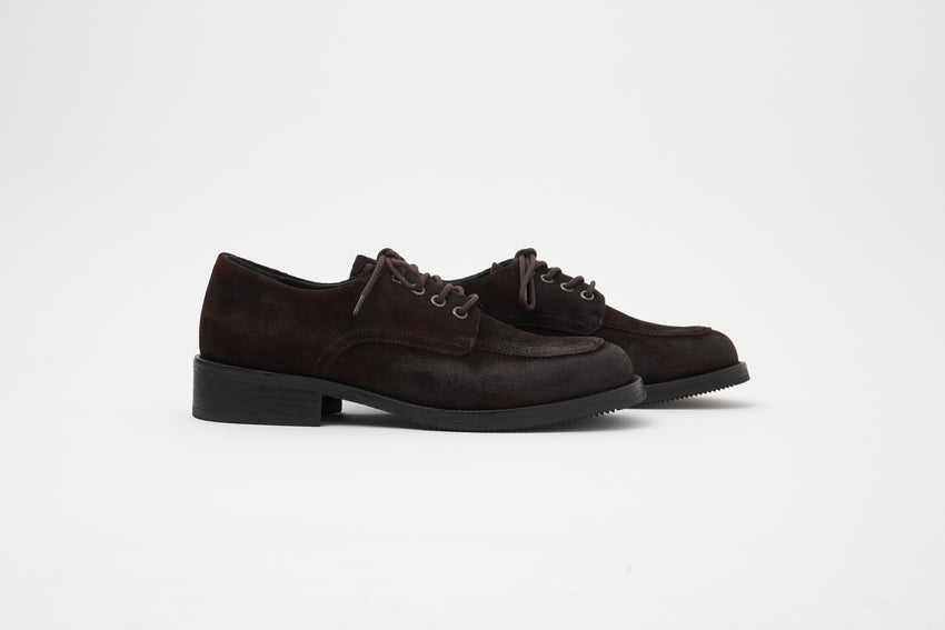 Pair of Old Buster Waxed Suede Deep Brown shoes, side profile view