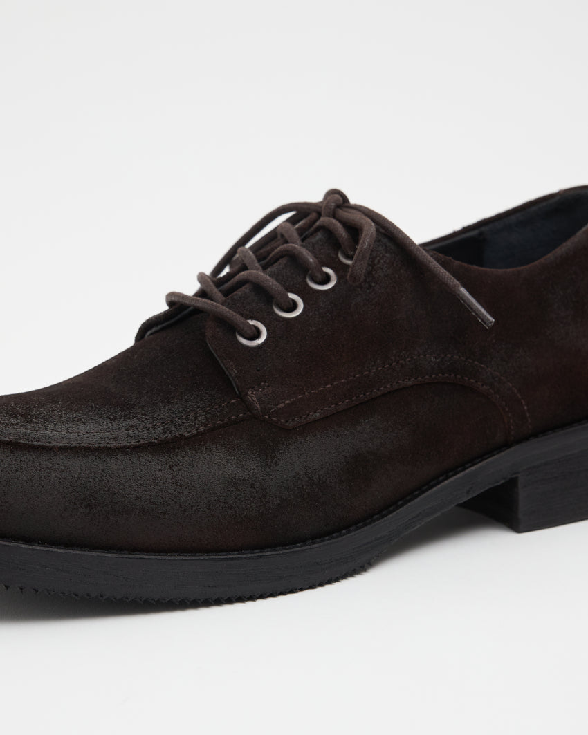Full side-profile view of a single Old Buster Waxed Suede Deep Brown shoe